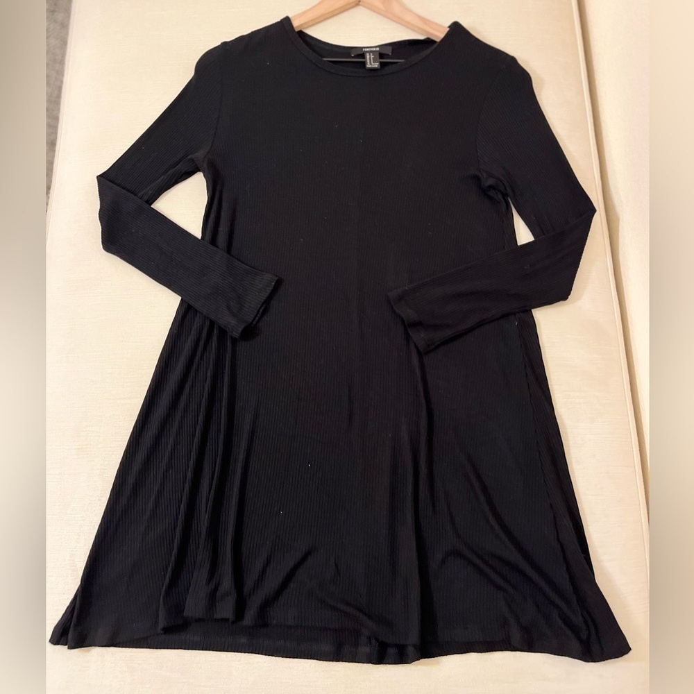 Black Ribbed Swing Mini Dress Long Sleeves Minimalist Chic Style